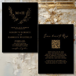 Monogram Krans QR Code Goud op Zwart Trouwdag Kaart