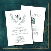 Monogram krans QR Code Smaragd Groene Bruiloft Kaart