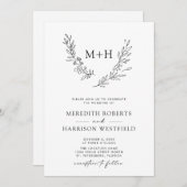 Monogram krans QR Code Zwart-wit bruiloft Kaart (Voorkant / Achterkant)