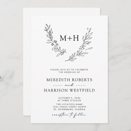 Monogram krans QR Code Zwart-wit bruiloft Kaart (Voorkant / Achterkant)