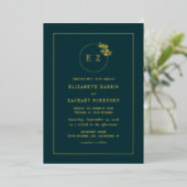 Monogram Krans Smaragdgroen Goud Bruiloft Folie Uitnodiging (Staand Voorkant)