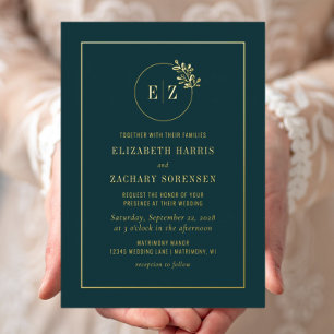Monogram Krans Smaragdgroen Goud Bruiloft Folie Uitnodiging