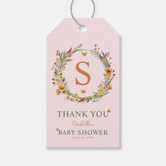 Monogram krans Wildbloemen Baby shower dank u Cadeaulabel (Voorkant)