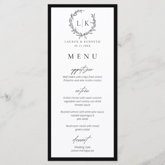 Monogram krans zwart | White Wedding Menu Kaart (Voorkant)