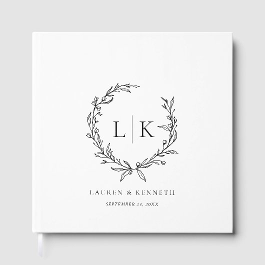 Monogram Krans Zwart Wit Bruiloft Gastenboek (Voorkant)