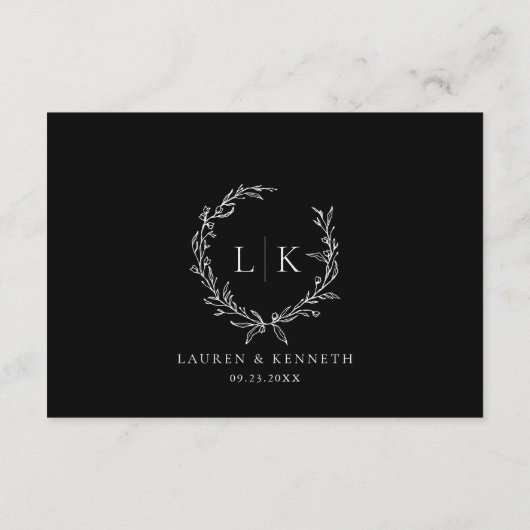 Monogram Krans Zwart Wit Details Huwelijk Informatiekaartje (Achterkant)