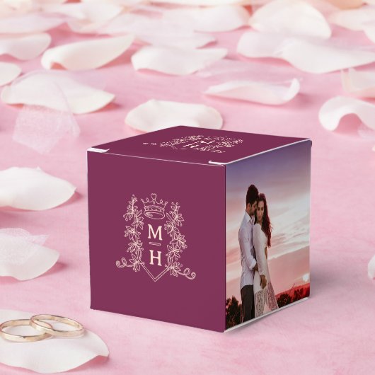 Monogram kroon bordeaux rode perzik foto bruiloft bedankdoosjes (Huwelijk)