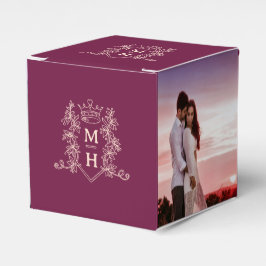 Monogram kroon bordeaux rode perzik foto bruiloft bedankdoosjes