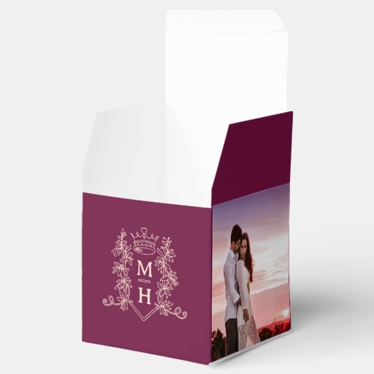 Monogram kroon bordeaux rode perzik foto bruiloft bedankdoosjes (Geopend)