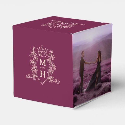 Monogram kroon bordeaux rode perzik foto bruiloft bedankdoosjes (Achterkant)