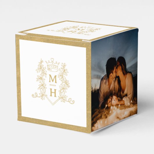 Monogram kroon kuif wit goud foto bruiloft bedankdoosjes (Voorkant Zijde)