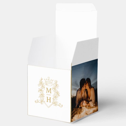 Monogram kroon kuif wit goud foto bruiloft bedankdoosjes (Geopend)