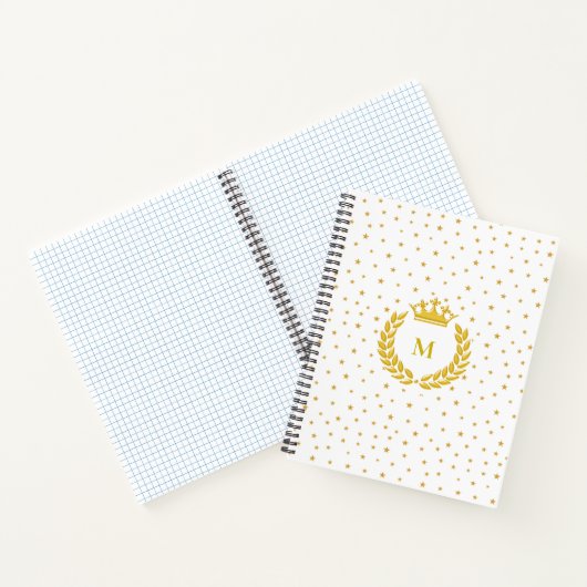 Monogram, Kroon, Laurel & Gold Stars op White Notitieboek (Binnen)