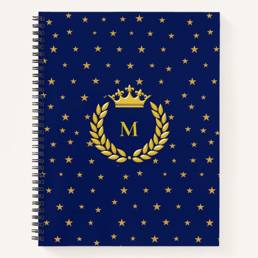 Monogram, Kroon, Laurel & Gold sterren op Navy Blu Notitieboek (Voorkant)