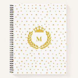 Monogram, kroon, lauwerkrans en gouden sterren op  notitieboek