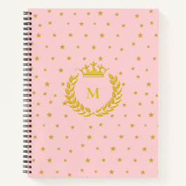 Monogram, kroon, lauwerkrans en gouden sterren op  notitieboek