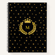Monogram, kroon, lauwerkrans en gouden sterren op 