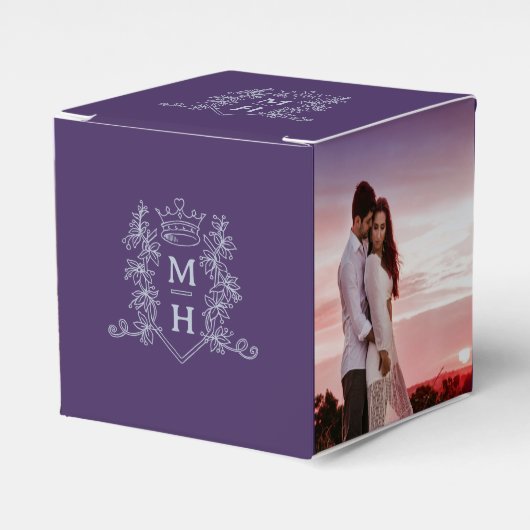 Monogram kroon paarse zilvergrijze foto bruiloft bedankdoosjes (Voorkant Zijde)