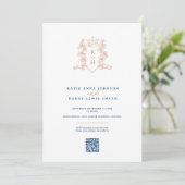 Monogram kroon wit rose goud QR bruiloft Kaart (Staand voorkant)