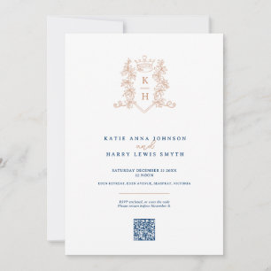 Monogram kroon wit rose goud QR bruiloft Kaart