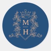 Monogram kroonkam blauw en roos gouden bruiloft ronde sticker (Voorkant)