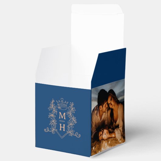 Monogram kroonkam blauw roos gouden foto bruiloft bedankdoosjes (Geopend)