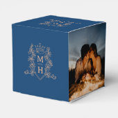 Monogram kroonkam blauw roos gouden foto bruiloft bedankdoosjes (Achterkant)