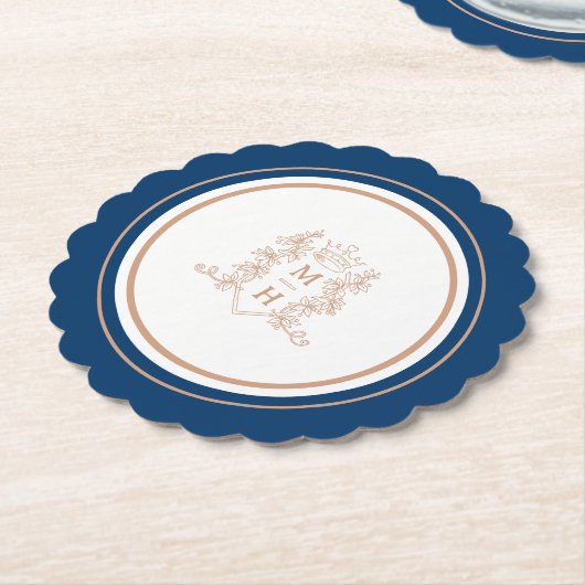 Monogram kroonkam roos goud donkerblauw bruiloft kartonnen onderzetters (Gekanteld)