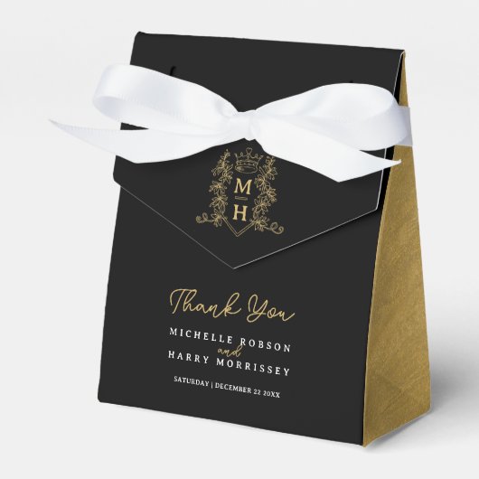 Monogram kroonkam zwart goud dank u bruiloft bedankdoosjes (Voorkant Zijde)