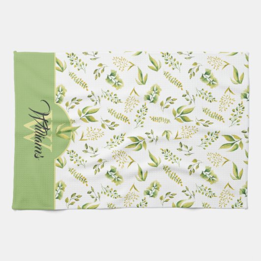 Monogram kruidengroen groen patroon op wit theedoek (Horizontaal)