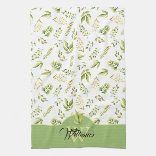 Monogram kruidengroen groen patroon op wit theedoek (Verticaal)