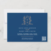 Monogram kuif hart kroon blauw roos gouden bruilof kaart (Voorkant)