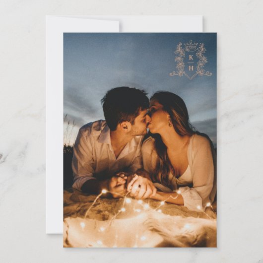 Monogram kuif hart kroon blauw roos gouden bruilof kaart (Achterkant)