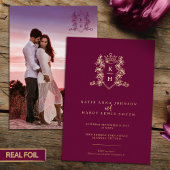 Monogram kuif hart kroon donkere wijn rode bruilof folie uitnodiging