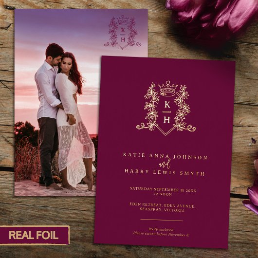 Monogram kuif hart kroon donkere wijn rode bruilof folie uitnodiging