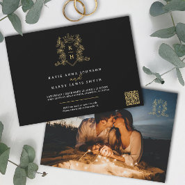 Monogram kuif hart kroon zwart goud bruiloft kaart