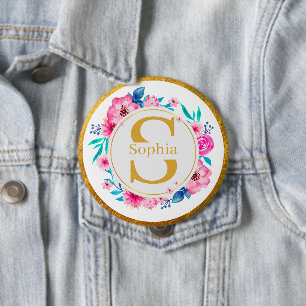 Monogram Kunst I Gouden Initiaal en Waterverf Roos Ronde Button 4,0 Cm