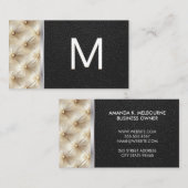 Monogram | kussengetuft materiaal | zwart leder visitekaartje (Voorkant / Achterkant)