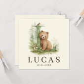 Monogram L Beer Neutraaal Bosdier Jongen Geboorte Kaart (Voorkant / Achterkant in situ)