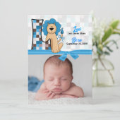 Monogram L Blue Lion New Baby Birth Aankondiging (Staand voorkant)