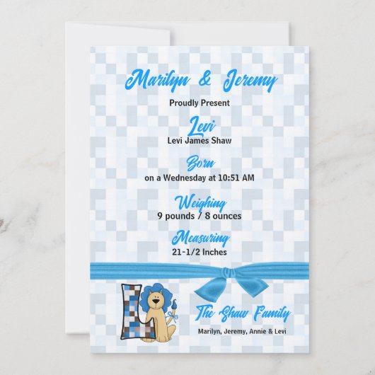 Monogram L Blue Lion New Baby Birth Aankondiging (Achterkant)