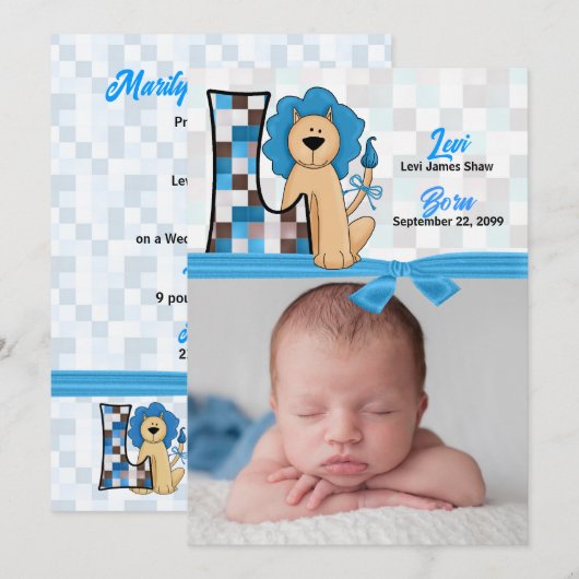 Monogram L Blue Lion New Baby Birth Aankondiging (Voorkant / Achterkant)