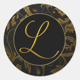 Monogram L Goud en Zwart Damast Bruiloft Seal Ronde Sticker