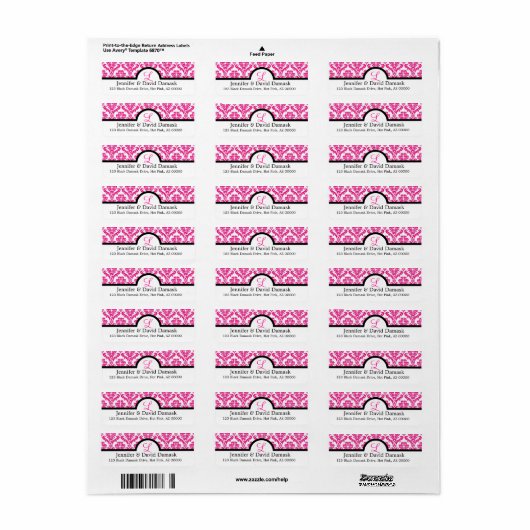 Monogram L Hot Pink Weddenschap Damask Etiket (Full Sheet)