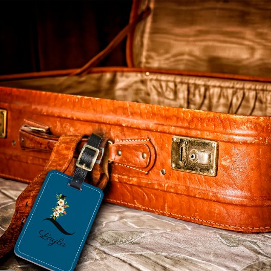 Monogram L kobalt waterverf bloem Bagagelabel