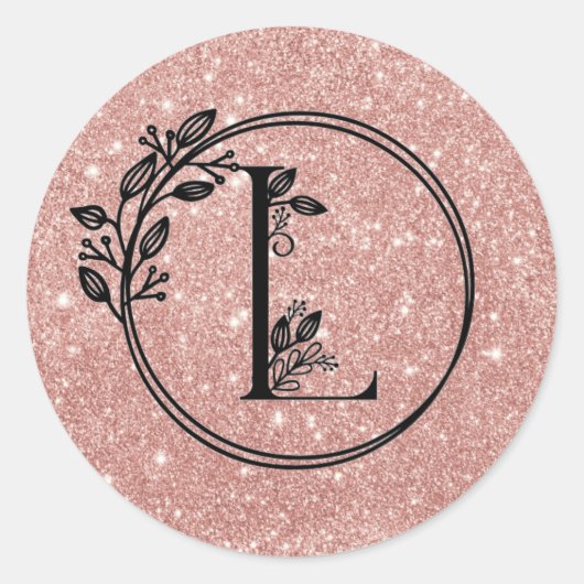Monogram L Roos Goud Blush Roze Glitter Bloemen Ronde Sticker (Voorkant)