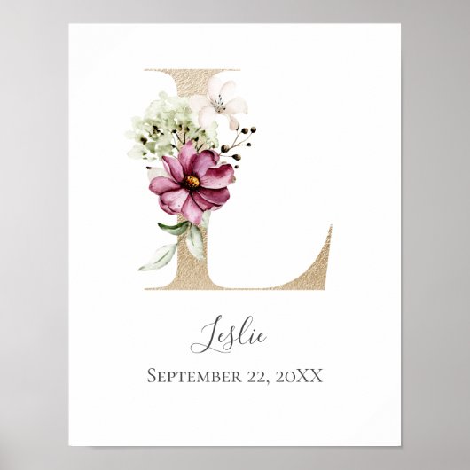 Monogram L Roze witte Floral Gold Letter Neursery Poster (Voorkant)