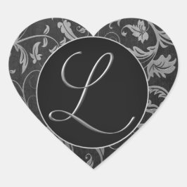 Monogram L Zilver en Zwart Damast Bruiloft Seal Hart Sticker