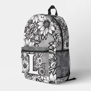 Monogram "L" Zonnebloem Patroon Zwart en Wit Doe-h Bedrukte Rugzak