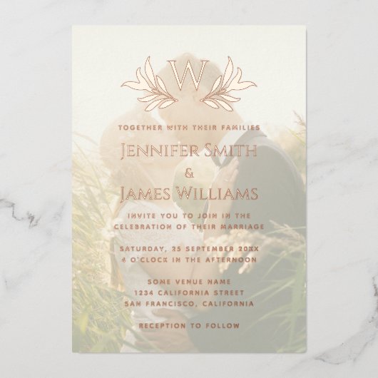 Monogram laat transparante foto van Elegant Weddin Folie Uitnodiging (Voorkant)
